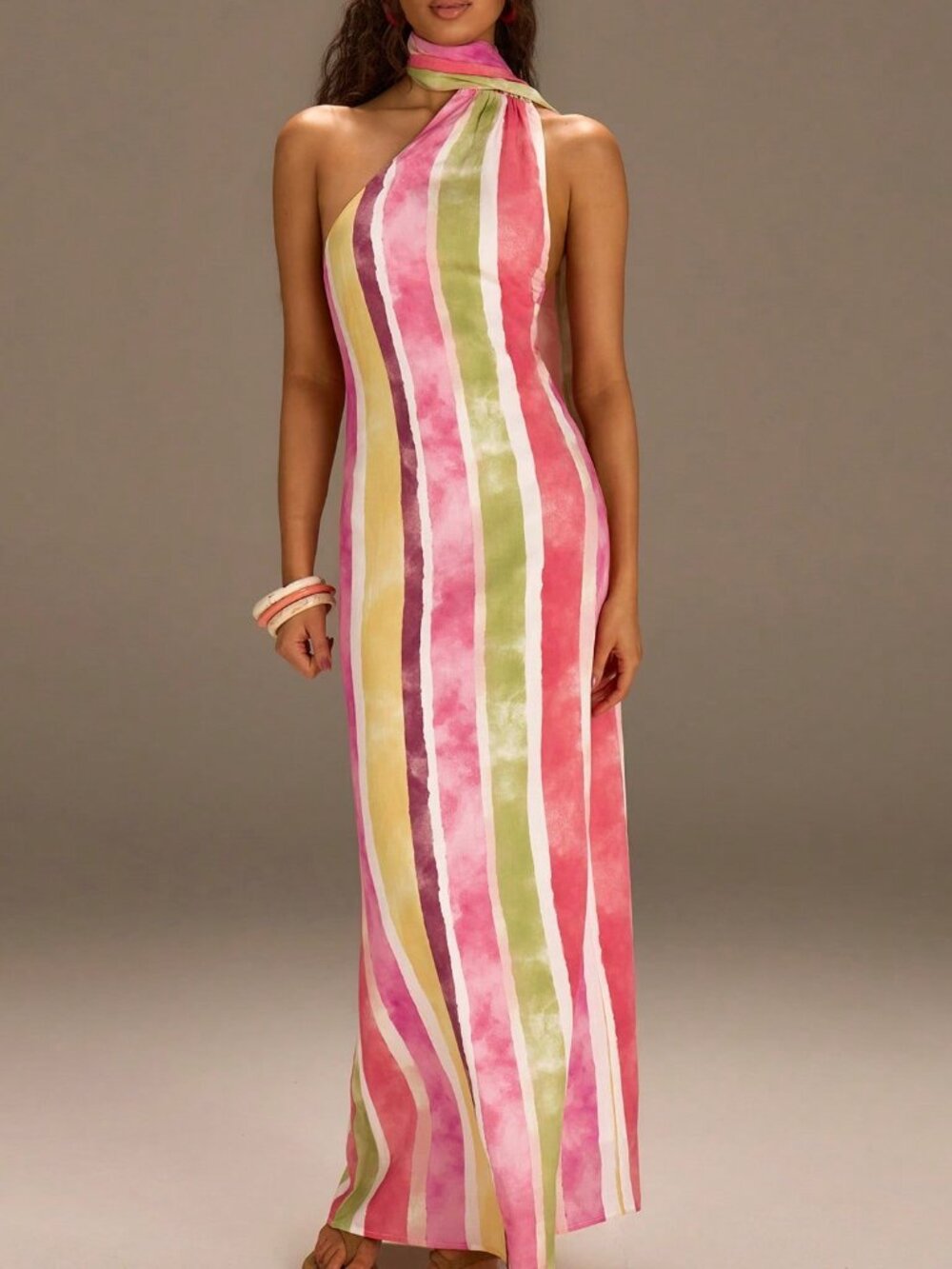 Multicolor Casual Women's Striped Halter Neck Sleeveless Long Dress